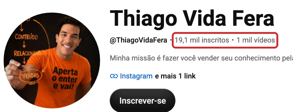 Página do canal Thiago Vida Fera no YouTube: 19,1 mil inscritos e 1 mil vídeos
